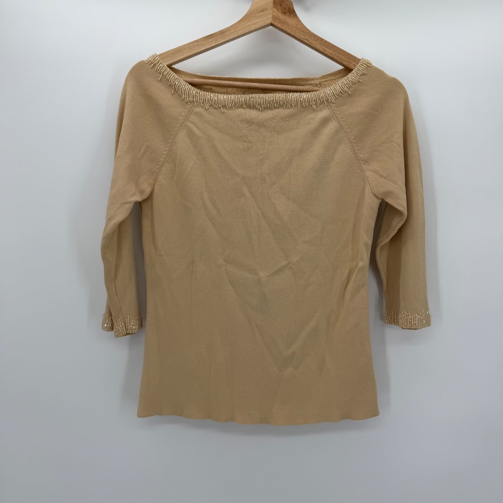 Ziani Couture Tan Beaded Boat Neck Bateau Neck 3/4 Sleeve Knit Top M